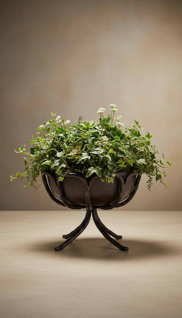 Hand-Forged Iron Planter With Lush Greenery