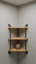 Taureanlace 3-tier corner iron pipe shelf with raw wood shelves mounted in a corner