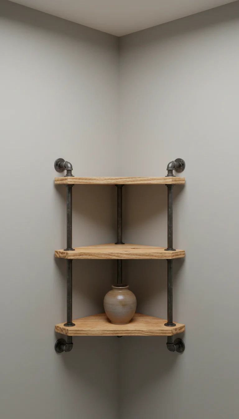 Taureanlace 3-tier corner iron pipe shelf with raw wood shelves mounted in a corner