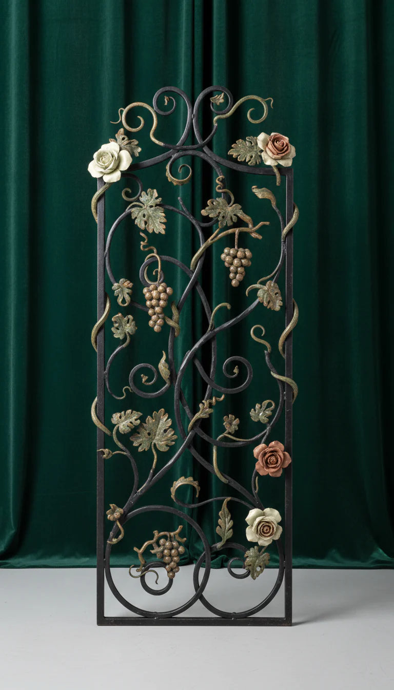 Taureanlace Botanical Iron Garden Panel with sculpted roses, grape clusters, and vine scrollwork against a deep green velvet backdrop