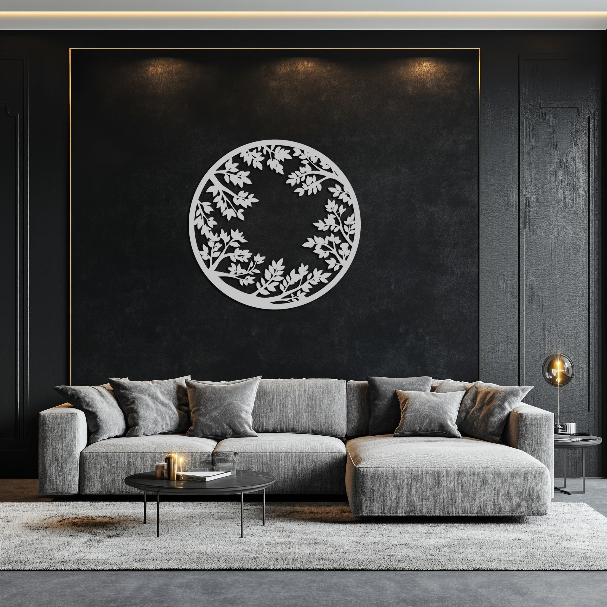 Black Steel Round Leafy Branches Metal Wall Art Modern Decor