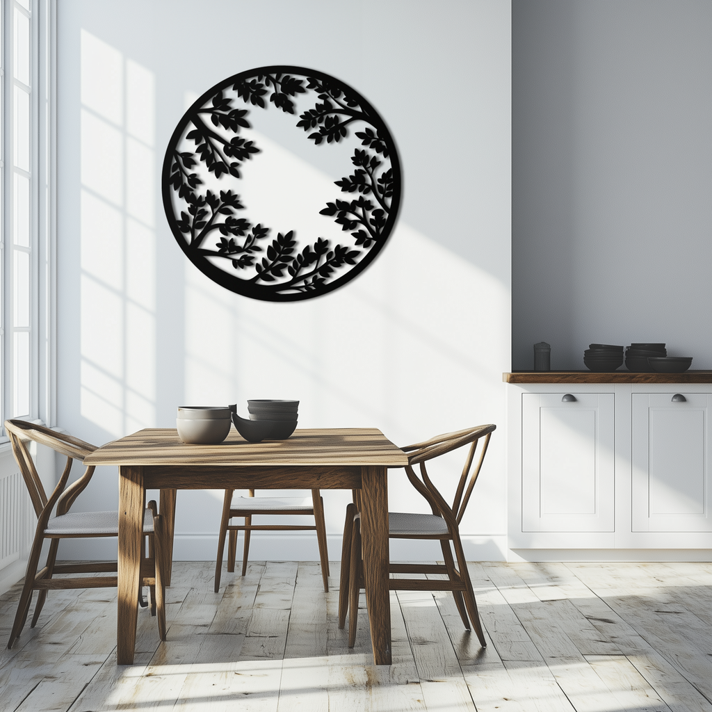 Black Steel Round Leafy Branches Metal Wall Art Modern Decor