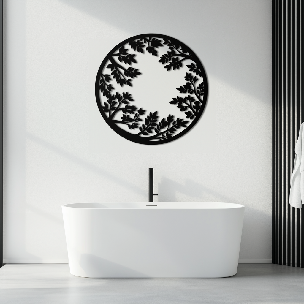 Black Steel Round Leafy Branches Metal Wall Art Modern Decor