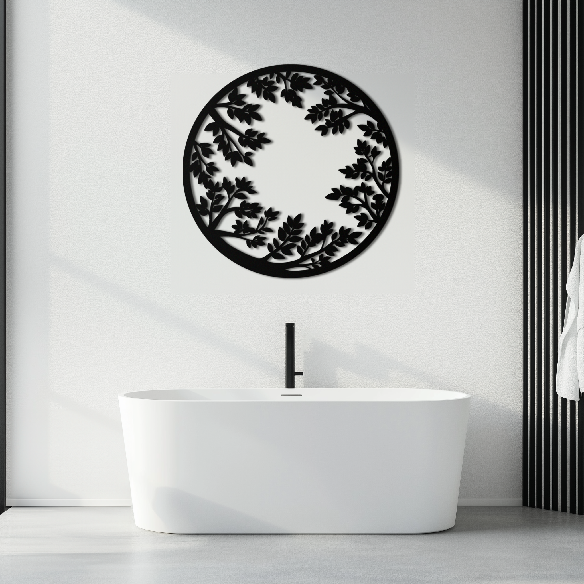 Black Steel Round Leafy Branches Metal Wall Art Modern Decor