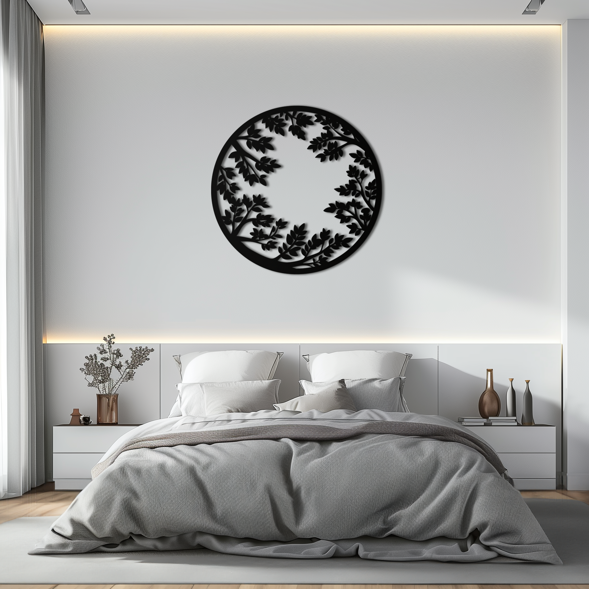 Black Steel Round Leafy Branches Metal Wall Art Modern Decor