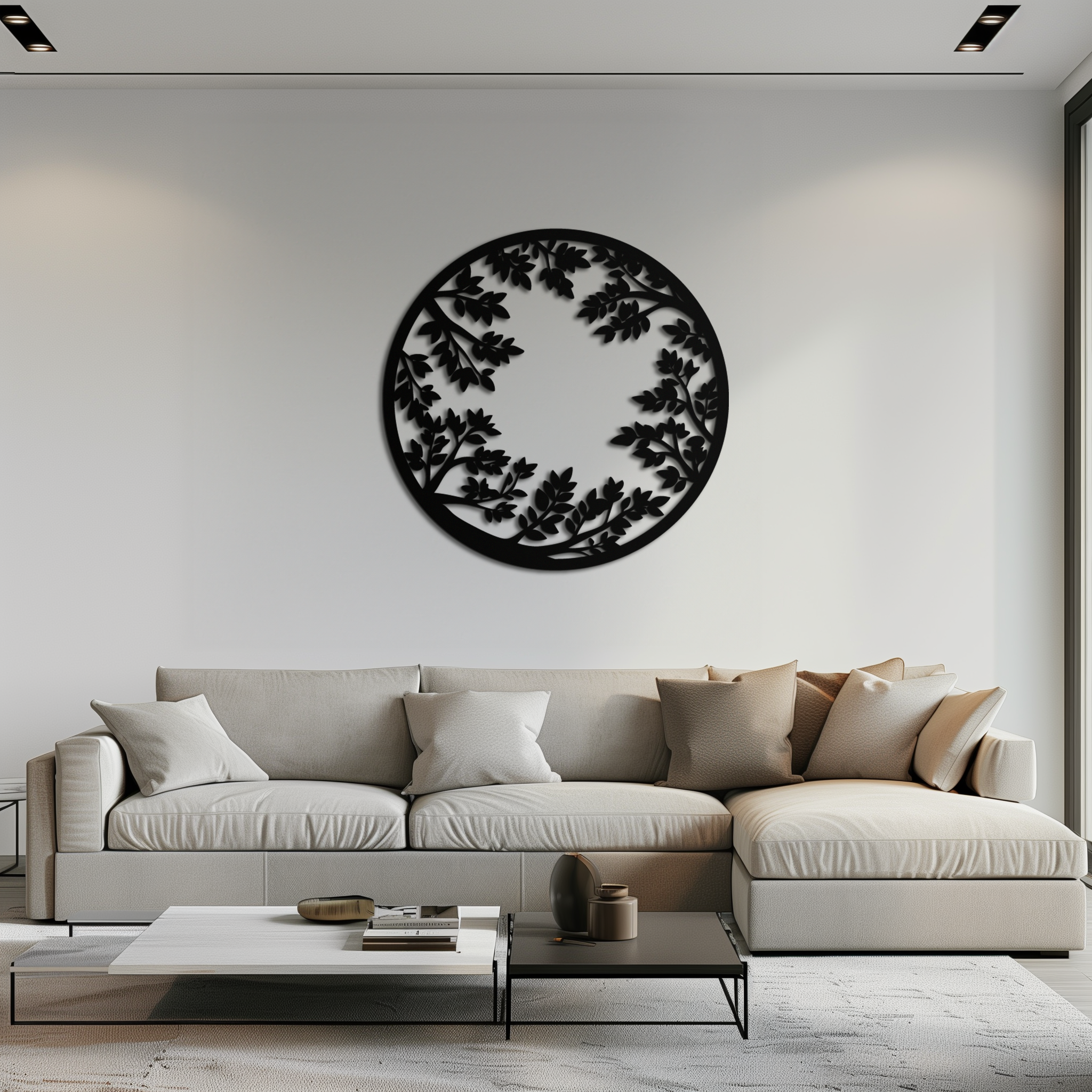 Black Steel Round Leafy Branches Metal Wall Art Modern Decor