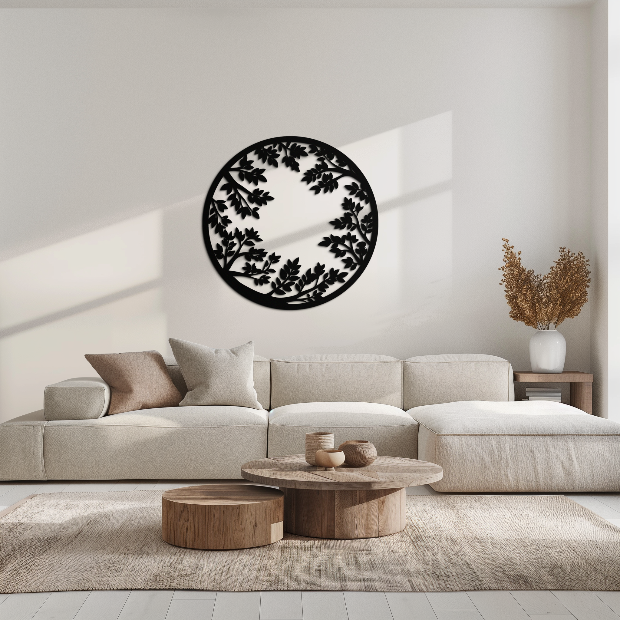 Black Steel Round Leafy Branches Metal Wall Art Modern Decor