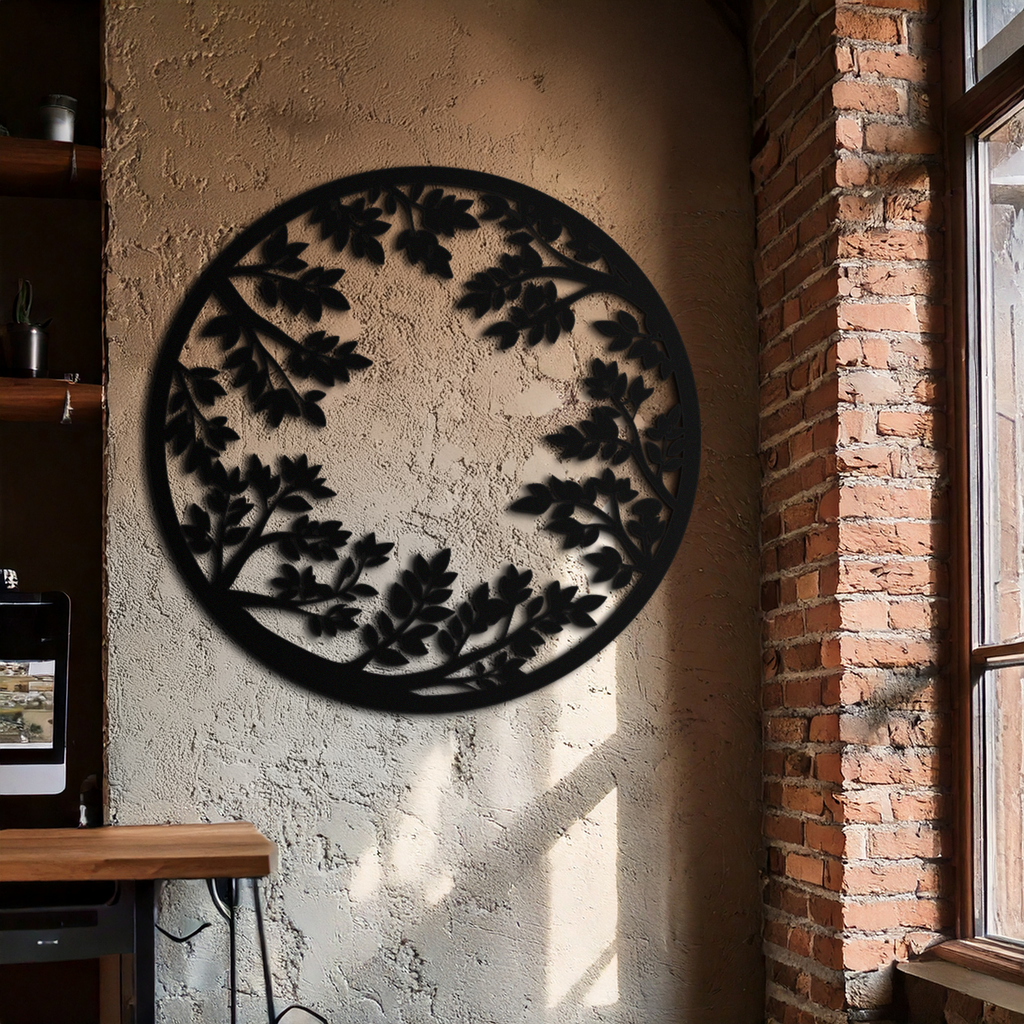 Black Steel Round Leafy Branches Metal Wall Art Modern Decor
