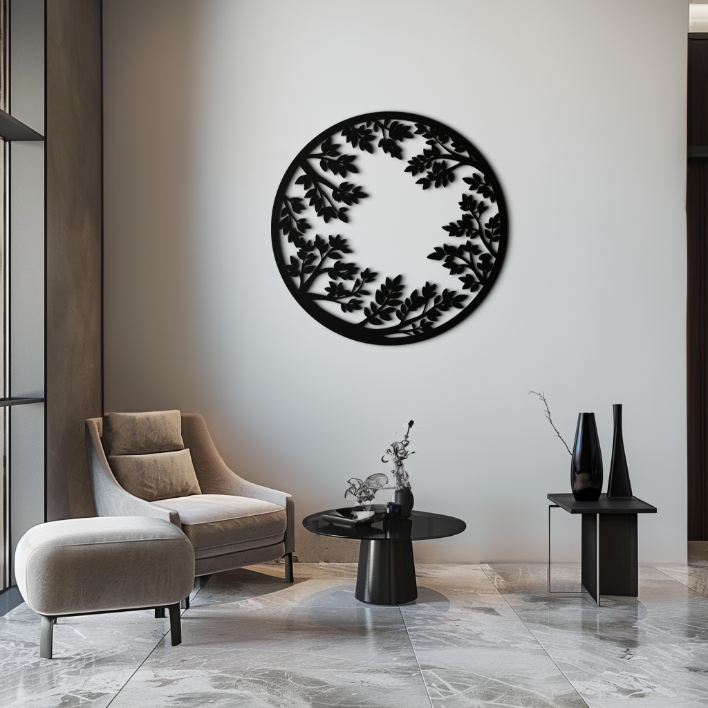 Black Steel Round Leafy Branches Metal Wall Art Modern Decor