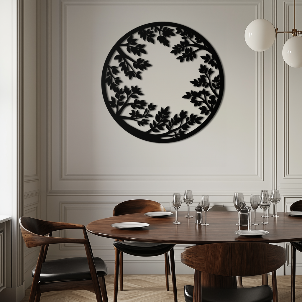 Black Steel Round Leafy Branches Metal Wall Art Modern Decor