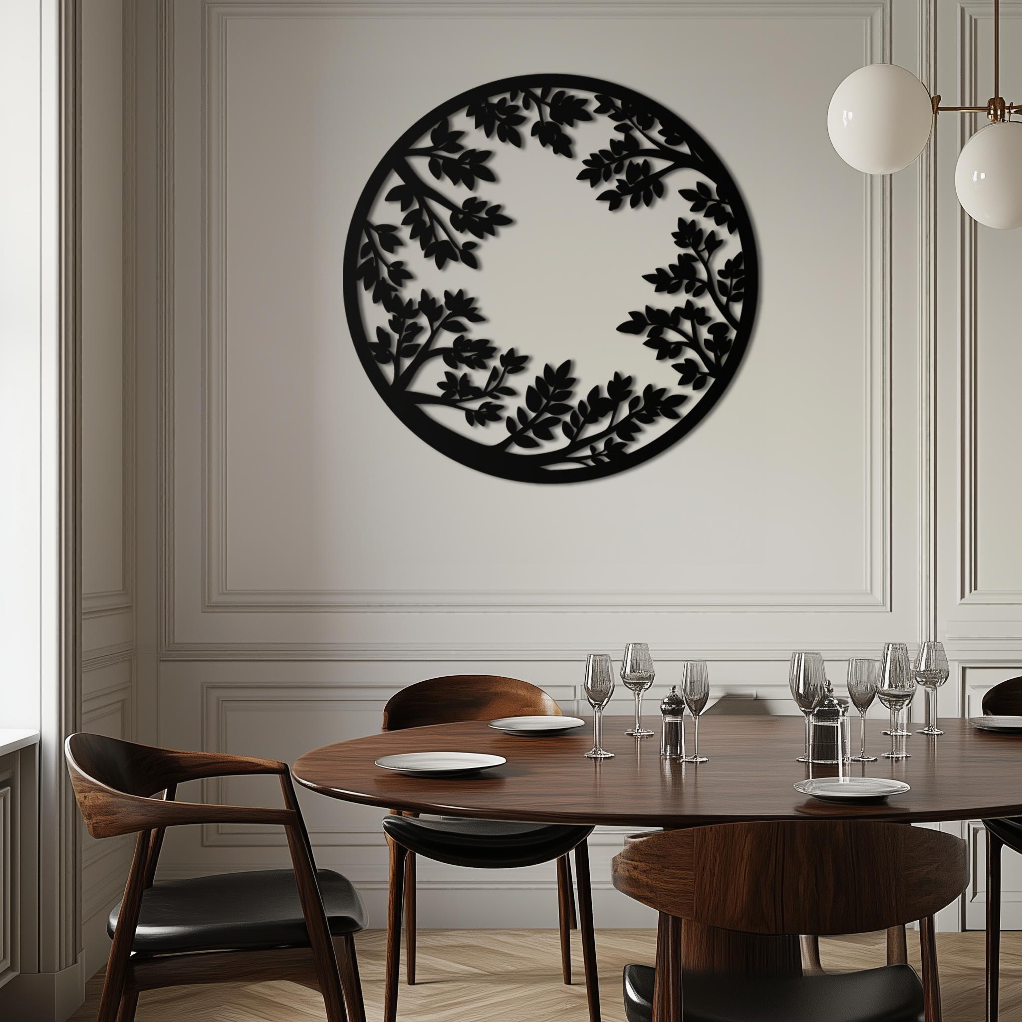Black Steel Round Leafy Branches Metal Wall Art Modern Decor