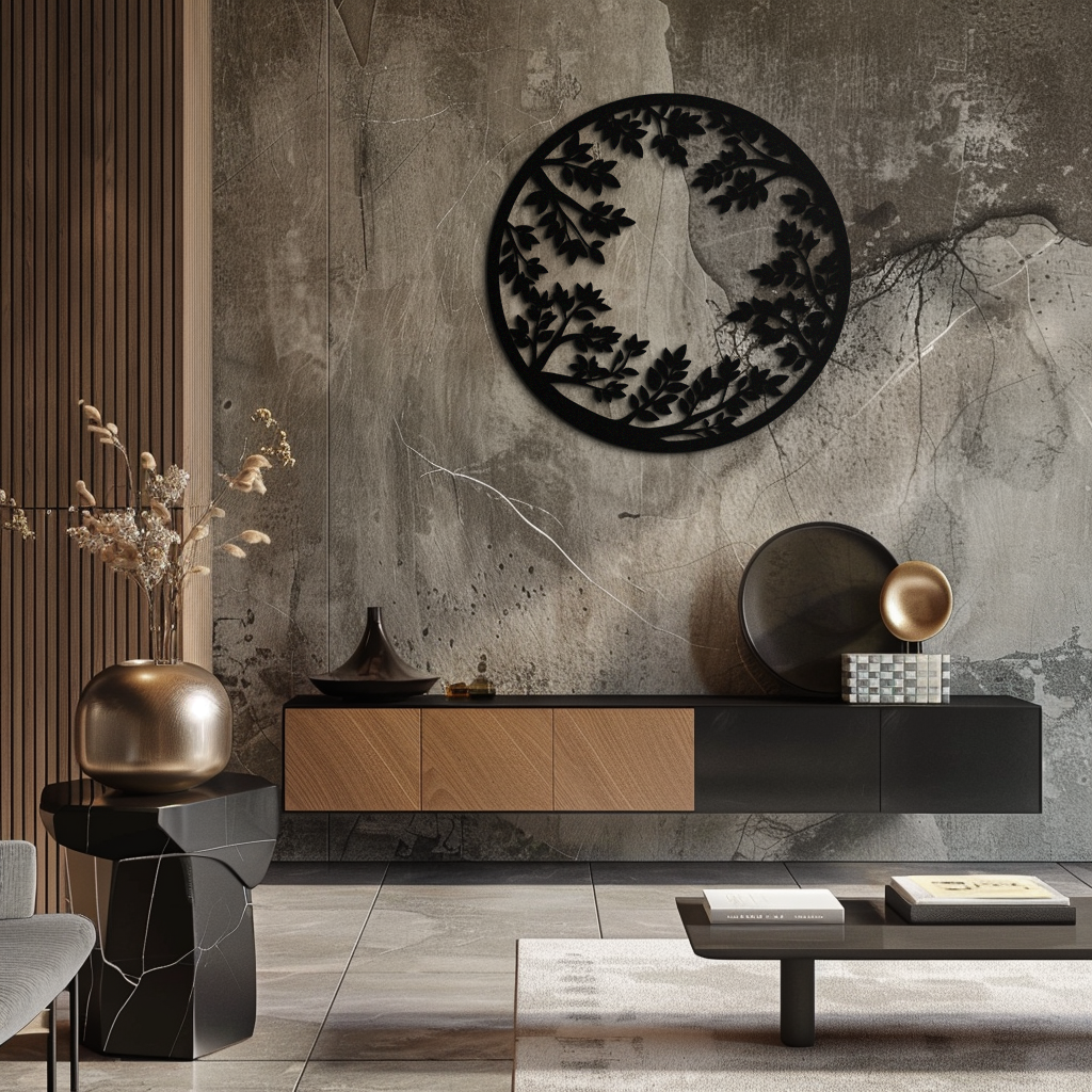 Black Steel Round Leafy Branches Metal Wall Art Modern Decor
