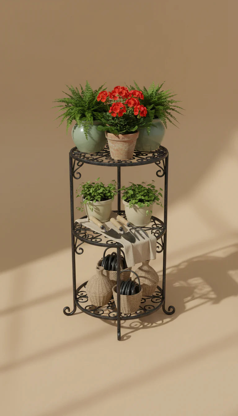 Three-tier iron scrollwork plant stand with potted plants and garden baskets on warm beige background