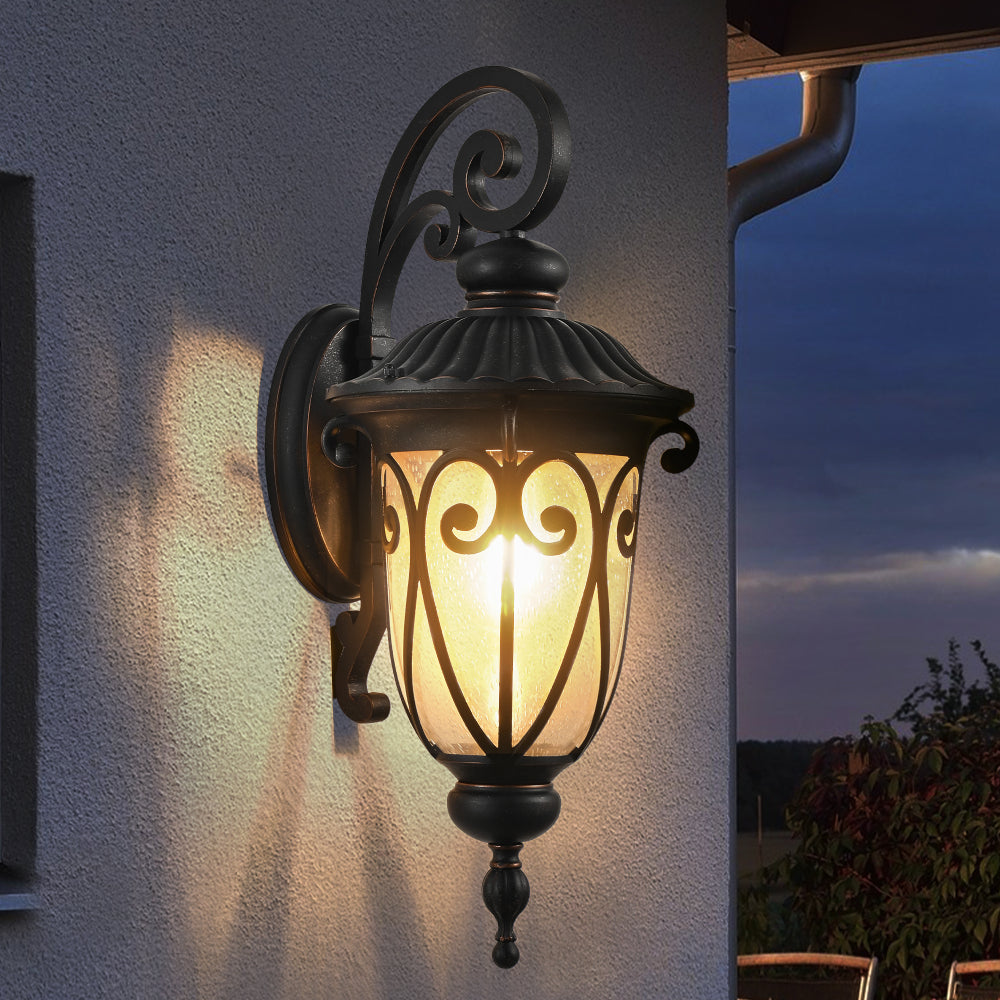 23" Outdoor Wall Lantern, Black Vintage Wall Sconce with Bubble Glass, Weatherproof Exterior Light Fixture for Porch, Patio & Entryway