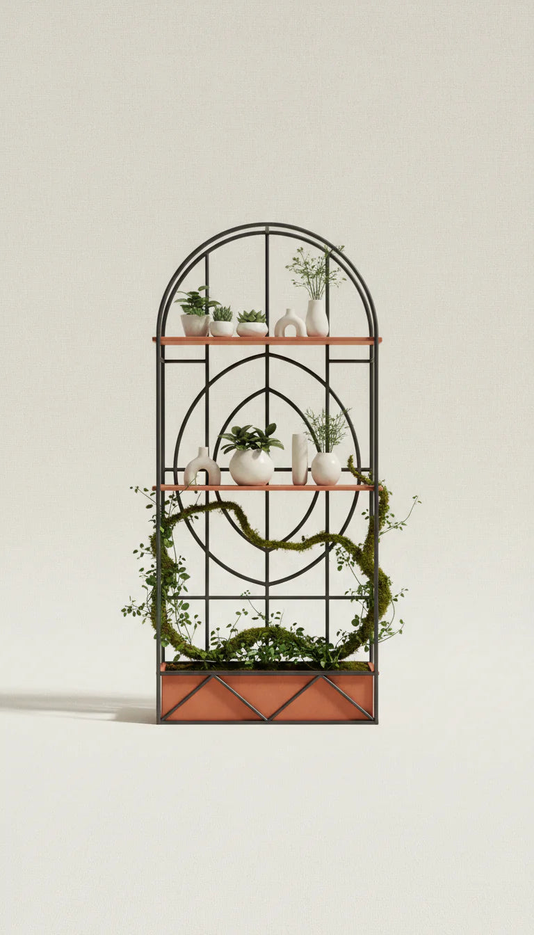 Handcrafted forged iron arched trellis shelf with terracotta shelves, built-in planter, and living moss vines
