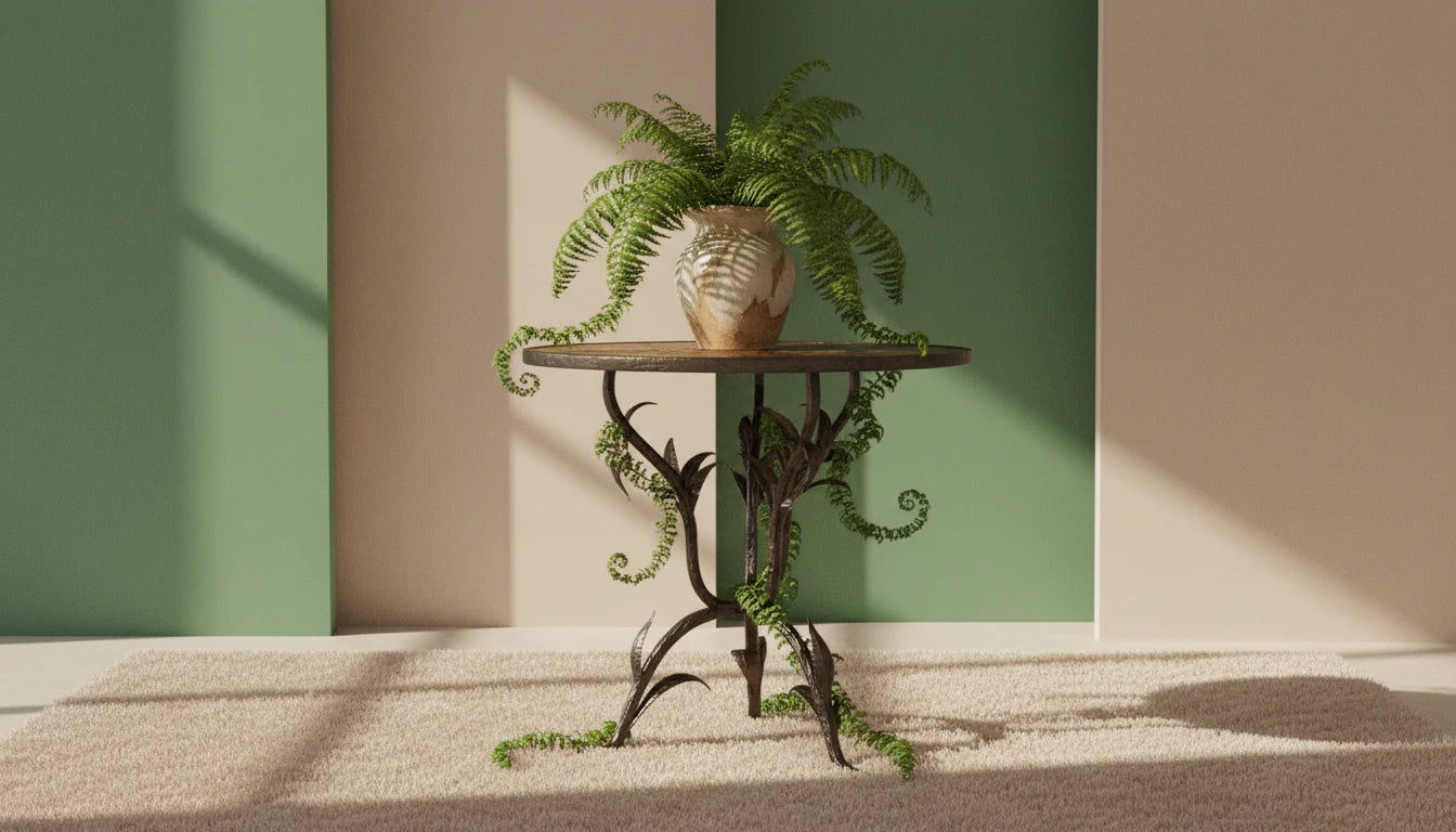 Handcrafted iron fern side table with round wood top and living fern in a sage green room