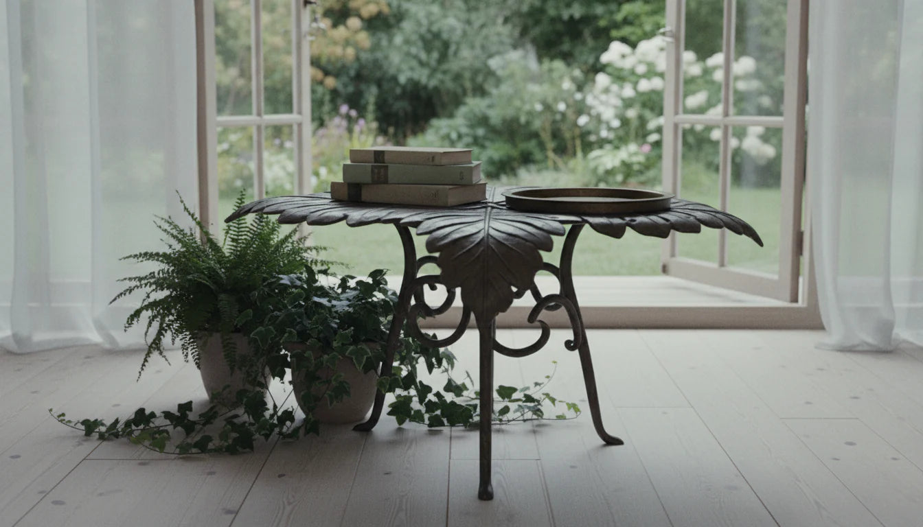 Cast iron leaf accent table with scrollwork legs styled with ferns and ivy by a garden window