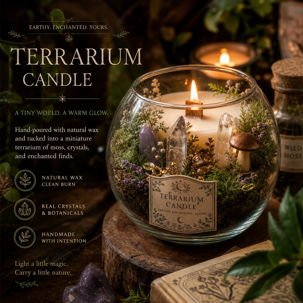 Taureanlace Iron Terrarium Candle — hand-poured natural wax with real crystals, moss, and botanicals. Earthy. Enchanted. Yours.