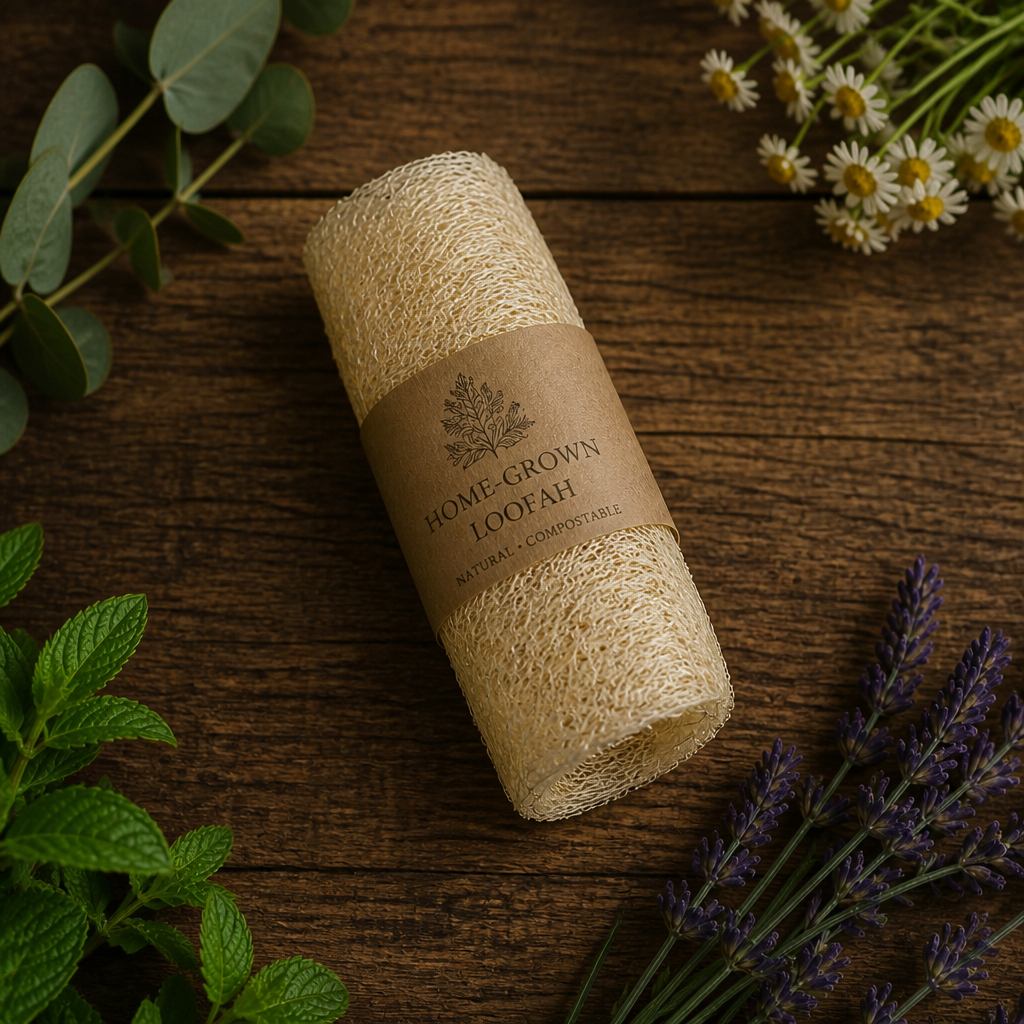 Taureanlace Home-Grown Loofah — natural, compostable, wrapped in kraft paper band with mint, lavender, and chamomile botanicals